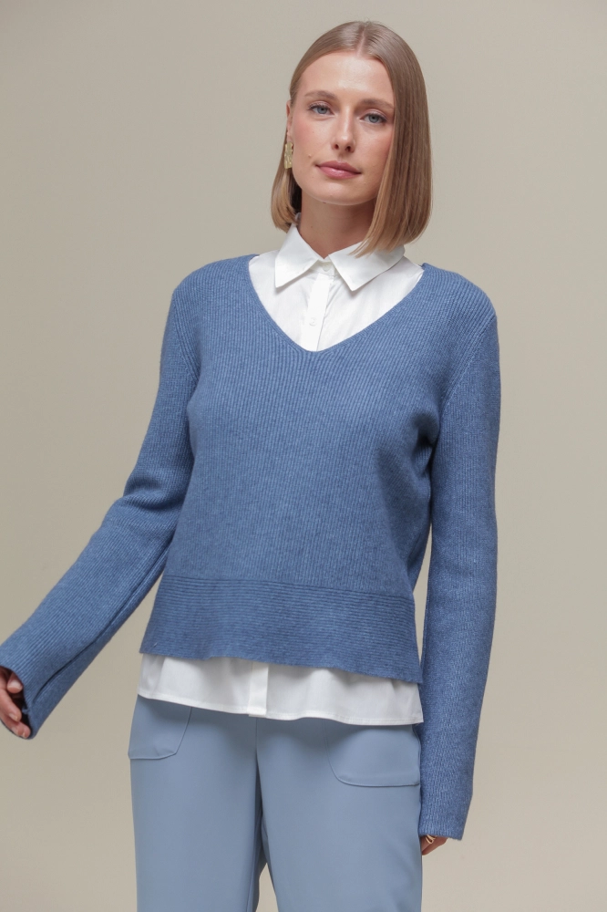9036856 - Camisa Tricoline com Sobreposição AZUL