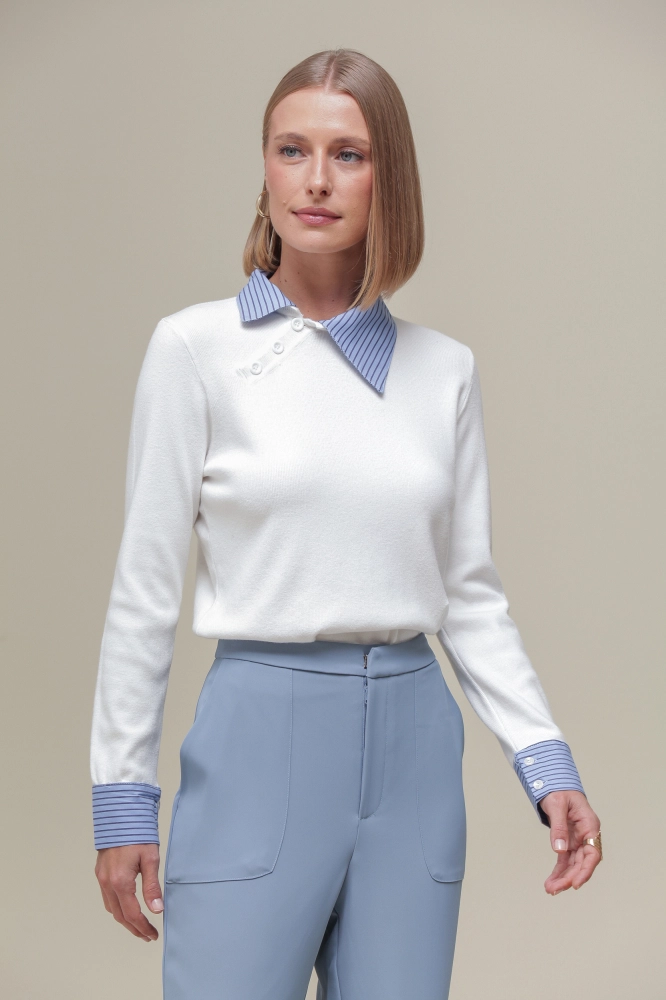 9036845 - Camisa Tricoline com Tricô  BRANCO
