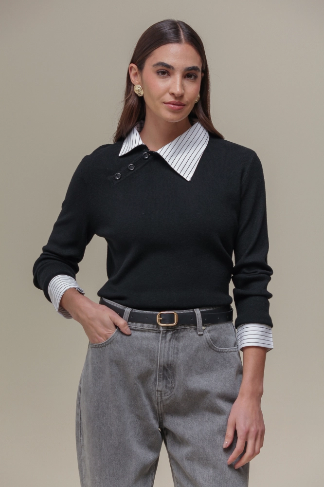 9036845 - Camisa Tricoline com Tricô  PRETO