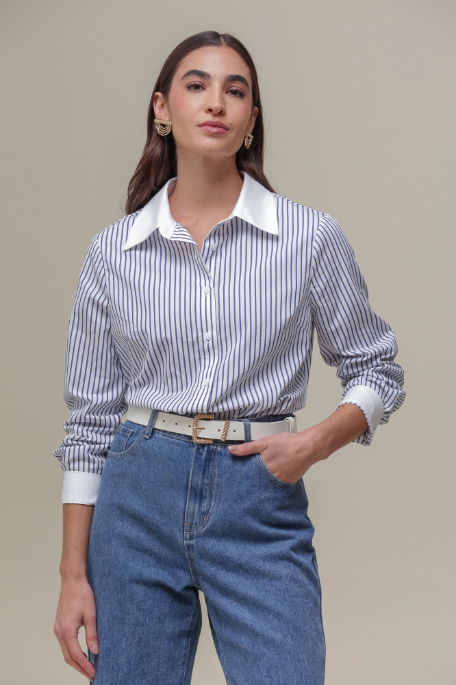 9036671 - Camisa Tricoline Listras AZUL
