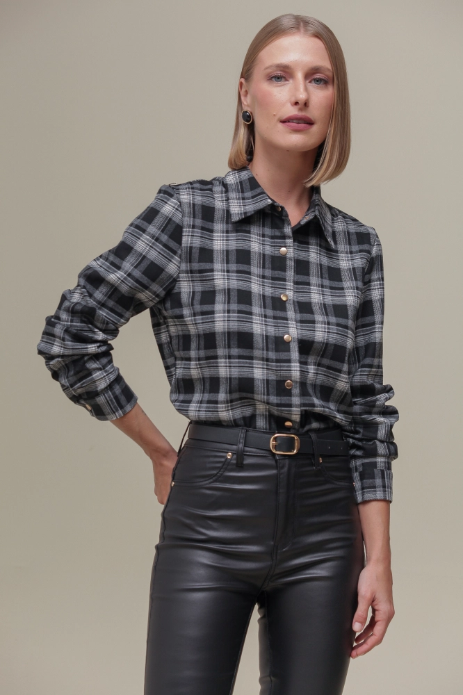9035254 - Camisa Xadrez Manga Longa       PRETO