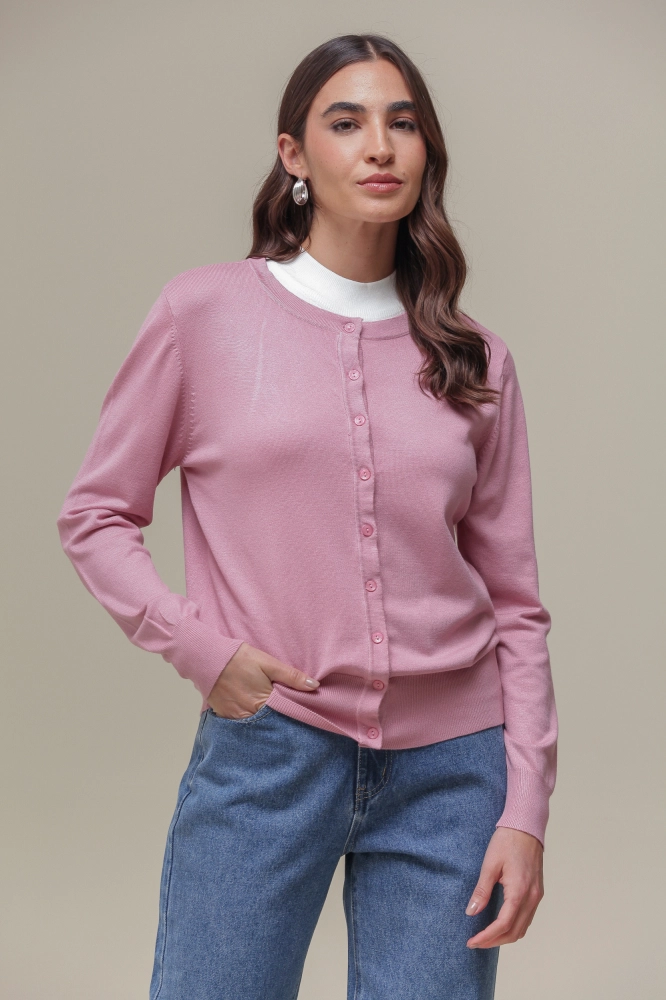 9037081- Cardigan Gola Redonda ROSÊ