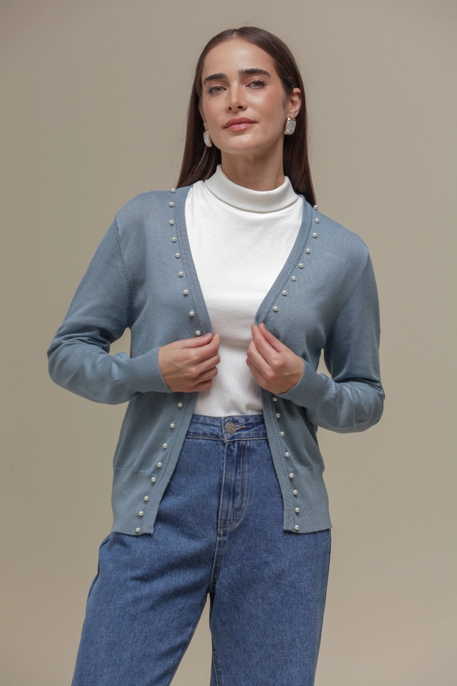9037080 - Cardigan Tricô Com Pérolas  AZUL