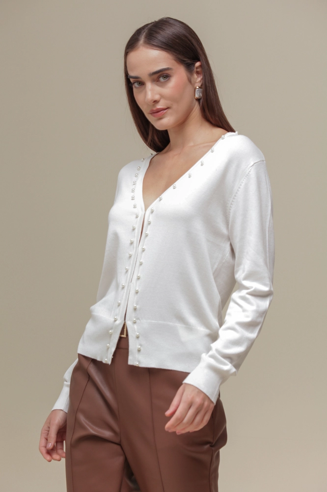 9037080 - Cardigan Tricô Com Pérolas  BRANCO