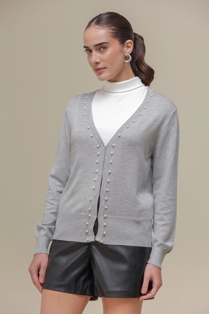 9037080 - Cardigan Tricô Com Pérolas  MESCLA