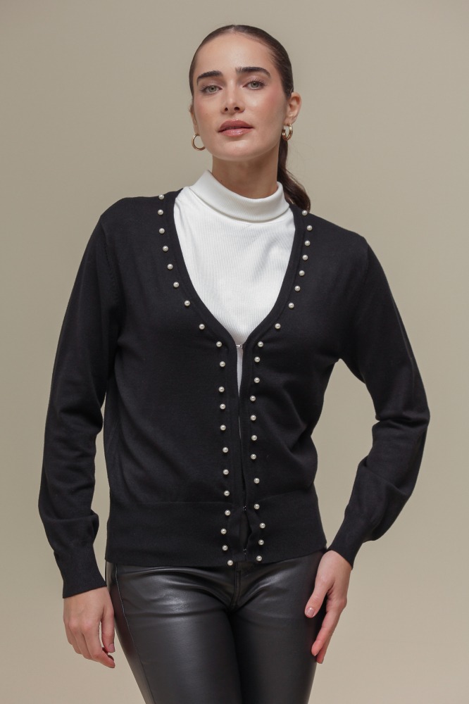 9037080 - Cardigan Tricô Com Pérolas PRETO 9037080 - Cardigan Tricô Com Pérolas PRETO