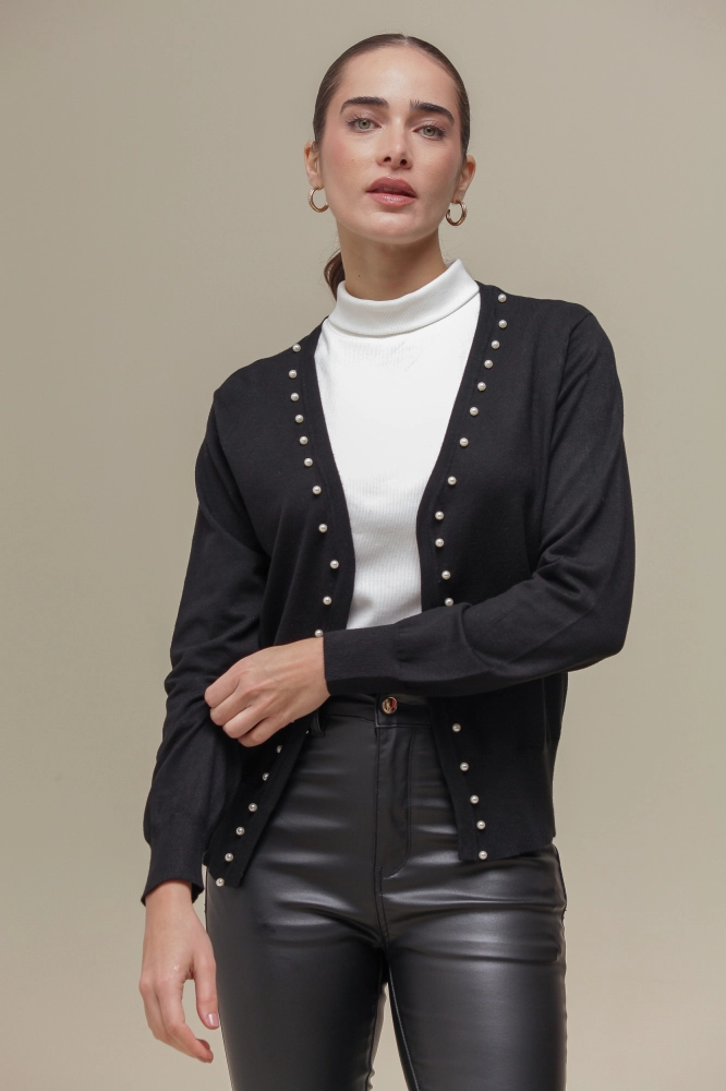 9037080 - Cardigan Tricô Com Pérolas  PRETO