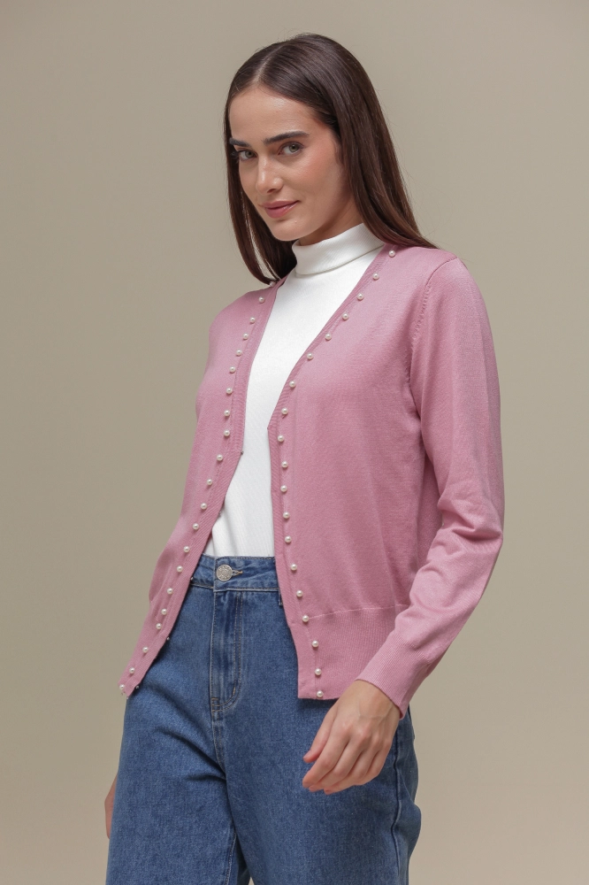 9037080 - Cardigan Tricô Com Pérolas  ROSÊ