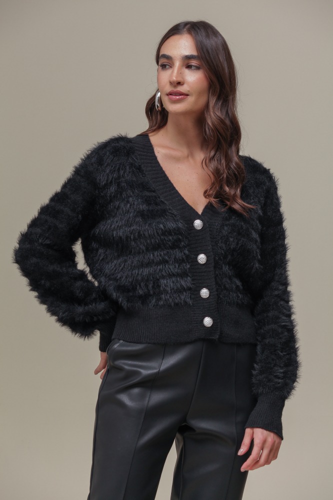 9036650 - Cardigan Tricô Com Pelos PRETO 9036650 - Cardigan Tricô Com Pelos PRETO