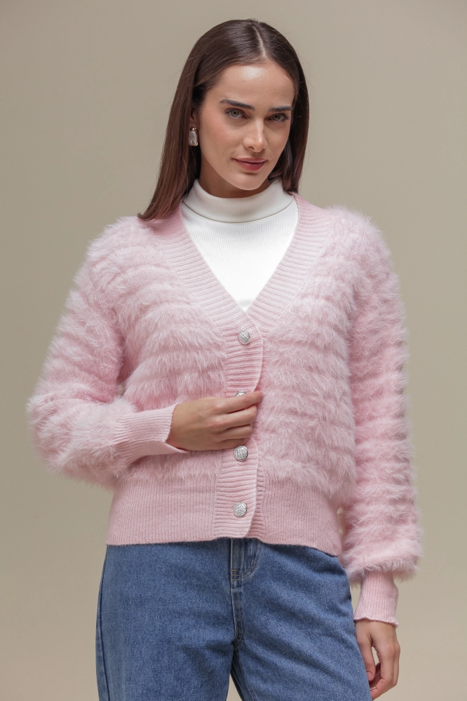9036650 - Cardigan Tricô Com Pelos  ROSA
