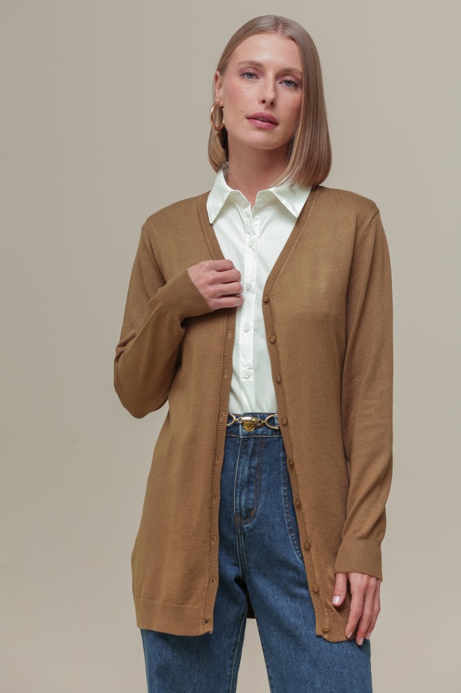 9037076 - Cardigan Tricô Decote V MARROM 9037076 - Cardigan Tricô Decote V MARROM