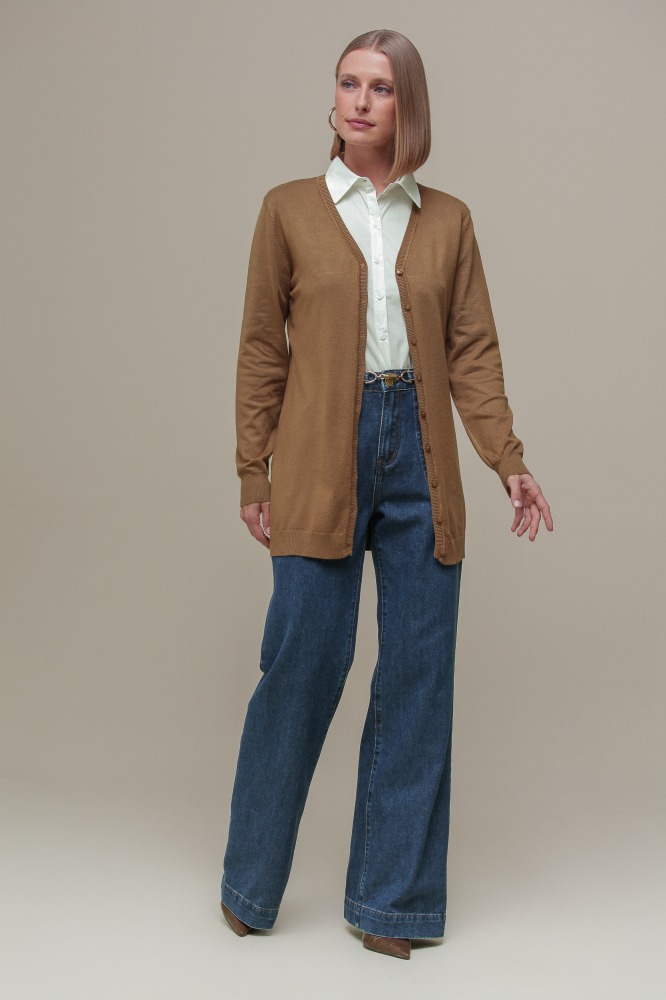 9037076 - Cardigan Tricô Decote V MARROM 9037076 - Cardigan Tricô Decote V MARROM