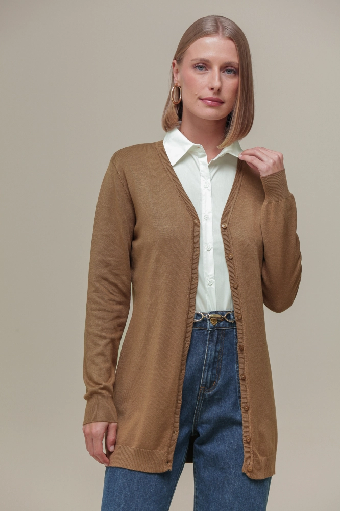 9037076 - Cardigan Tricô Decote V  MARROM