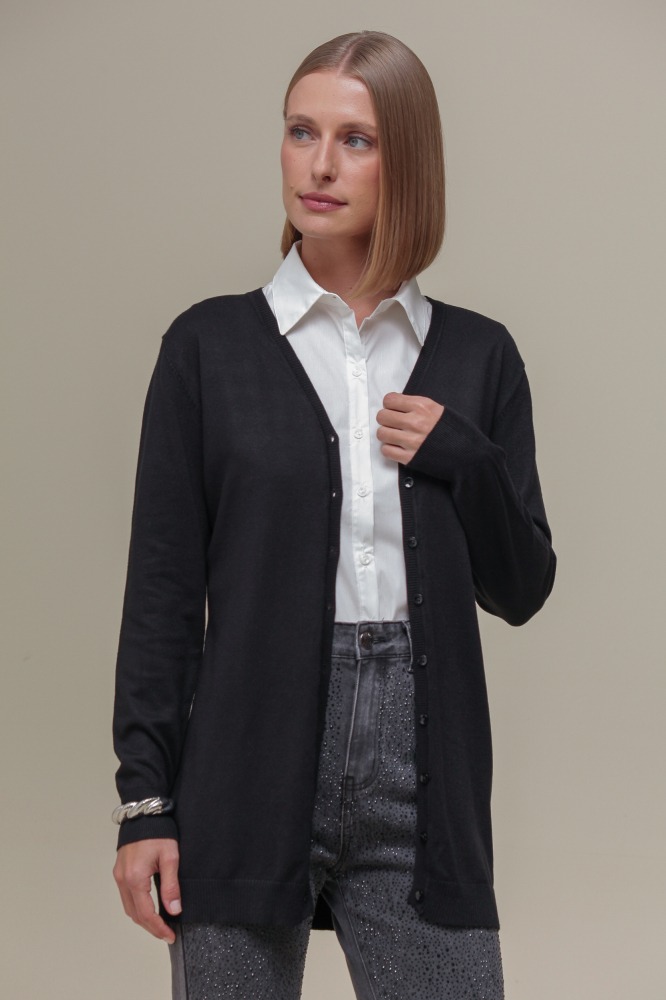 9037076 - Cardigan Tricô Decote V PRETO 9037076 - Cardigan Tricô Decote V PRETO