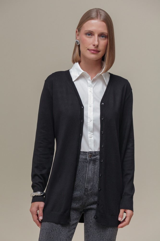 9037076 - Cardigan Tricô Decote V PRETO 9037076 - Cardigan Tricô Decote V PRETO