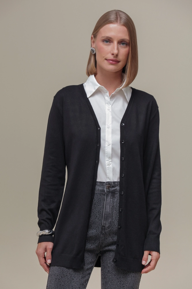 9037076 - Cardigan Tricô Decote V  PRETO