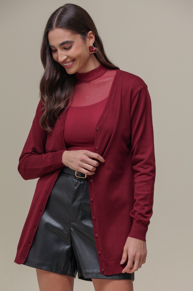 9037076 - Cardigan Tricô Decote V VINHO 9037076 - Cardigan Tricô Decote V VINHO