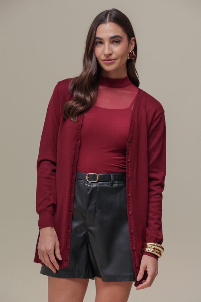 9037076 - Cardigan Tricô Decote V VINHO 9037076 - Cardigan Tricô Decote V VINHO
