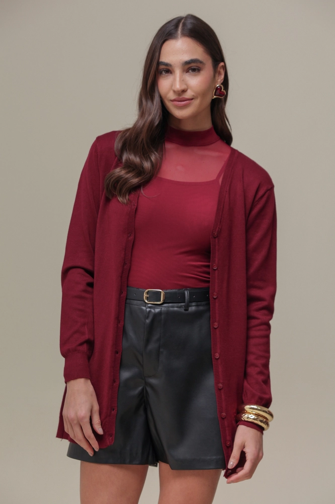 9037076 - Cardigan Tricô Decote V  VINHO