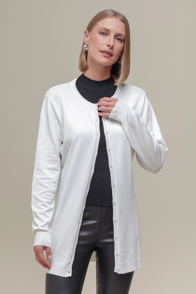 9037077 - Cardigan Tricô Gola Redonda BRANCO