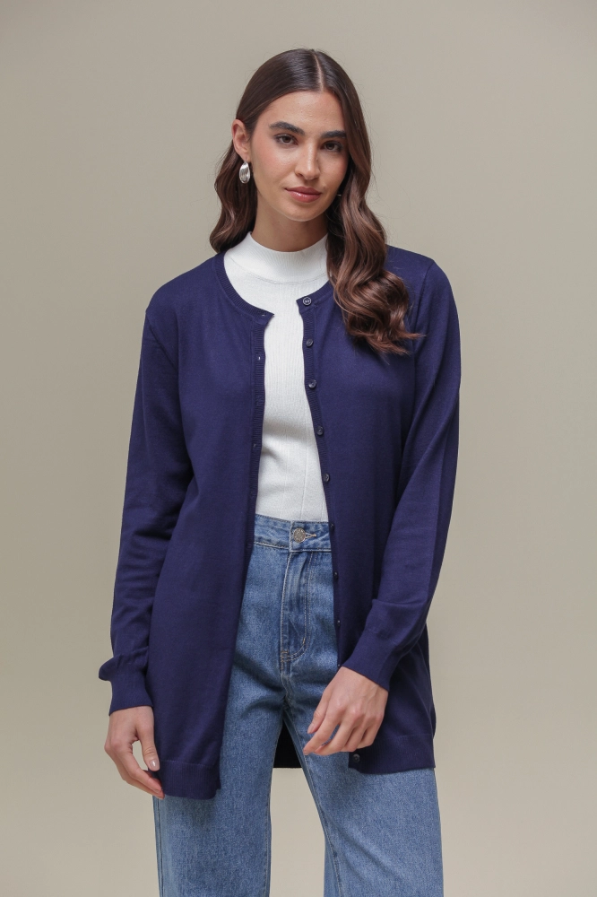 9037077 - Cardigan Tricô Gola Redonda MARINHO 