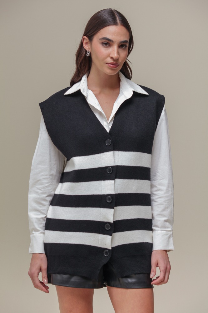 9036394 - Colete Maxi Tricô Listrado PRETO