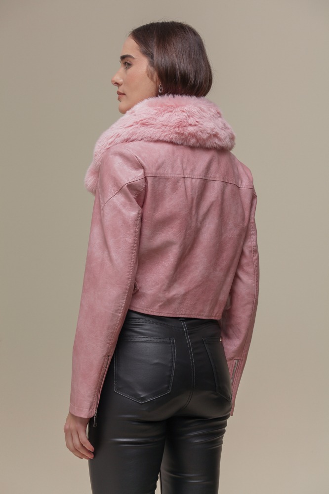 9036634 - Jaqueta PU Com Gola de Pelo ROSA 9036634 - Jaqueta PU Com Gola de Pelo ROSA