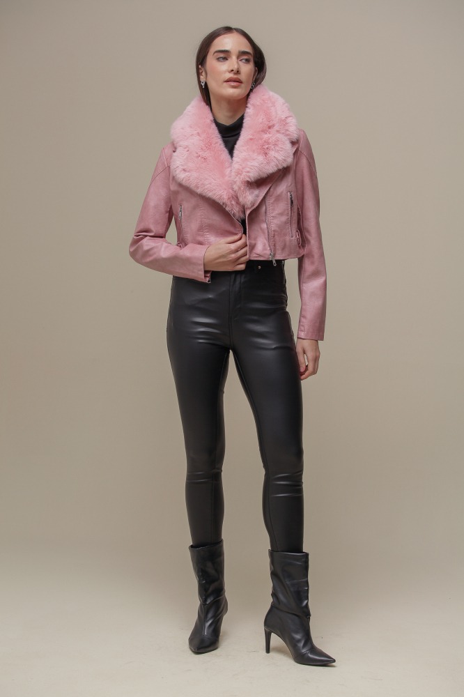 9036634 - Jaqueta PU Com Gola de Pelo ROSA 9036634 - Jaqueta PU Com Gola de Pelo ROSA