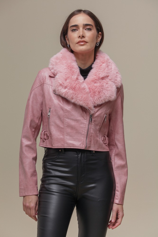 9036634 - Jaqueta PU Com Gola de Pelo ROSA 9036634 - Jaqueta PU Com Gola de Pelo ROSA