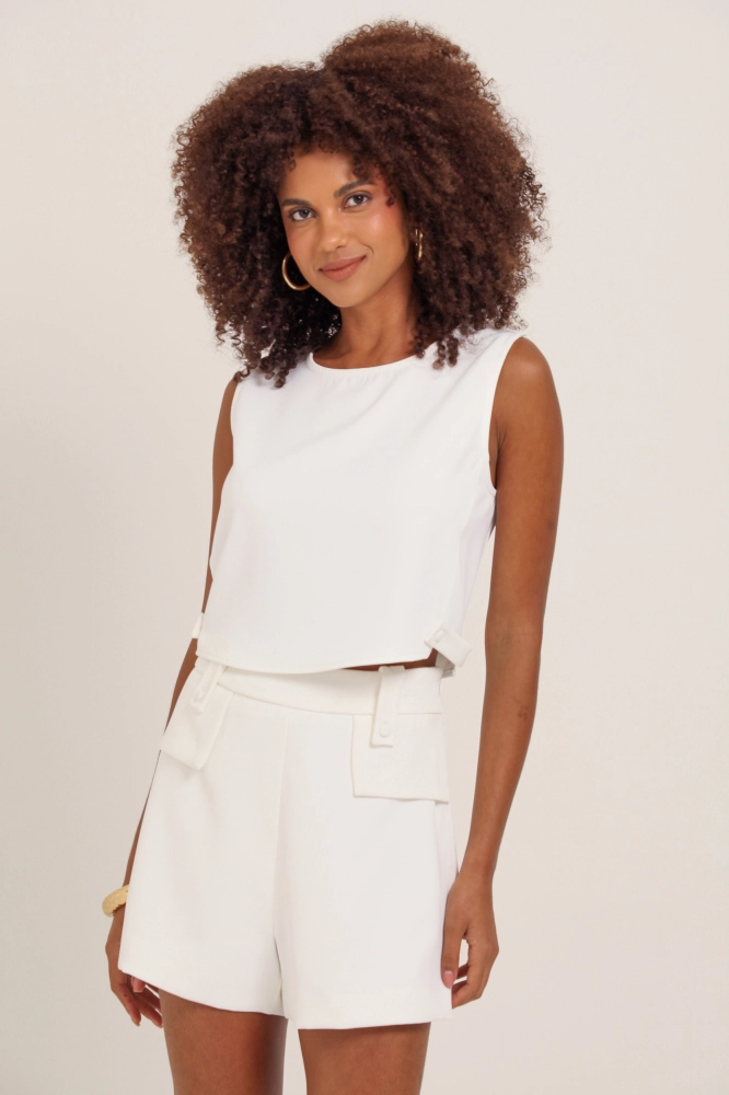 9037255 - Regata Cropped Detalhe Botão  OFF-WHITE