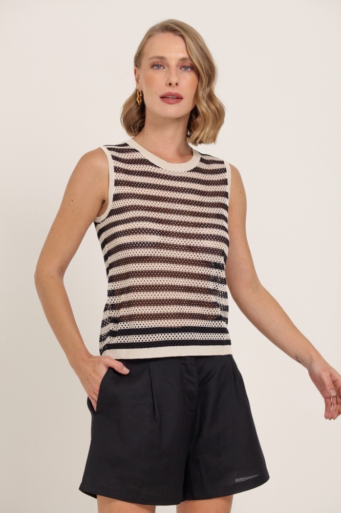 9037352 - Regata Tricot Listrada Com Vazados PRETO 9037352 - Regata Tricot Listrada Com Vazados PRETO