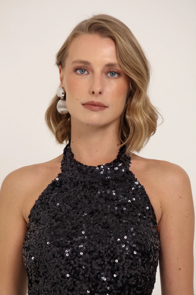 9037142 - Vestido Curto Frente Única Paetê PRETO - Imagem 2