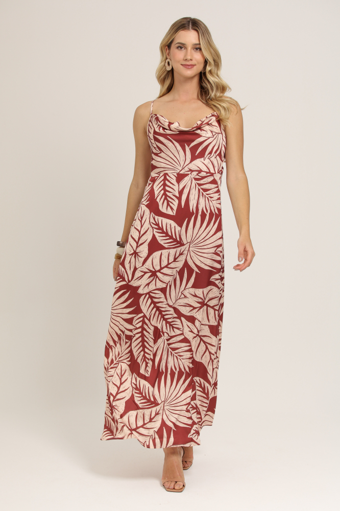 9037109 - Vestido Estampa Folhas VINHO