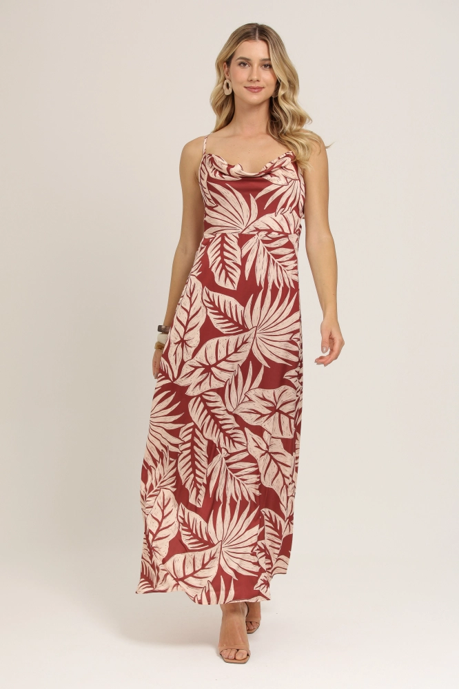 9037109 - Vestido Estampa Folhas VINHO