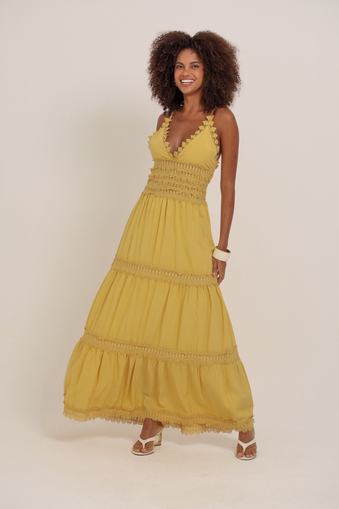 9036894 - Vestido Longo Com Detalhes Em Guipir  AMARELO