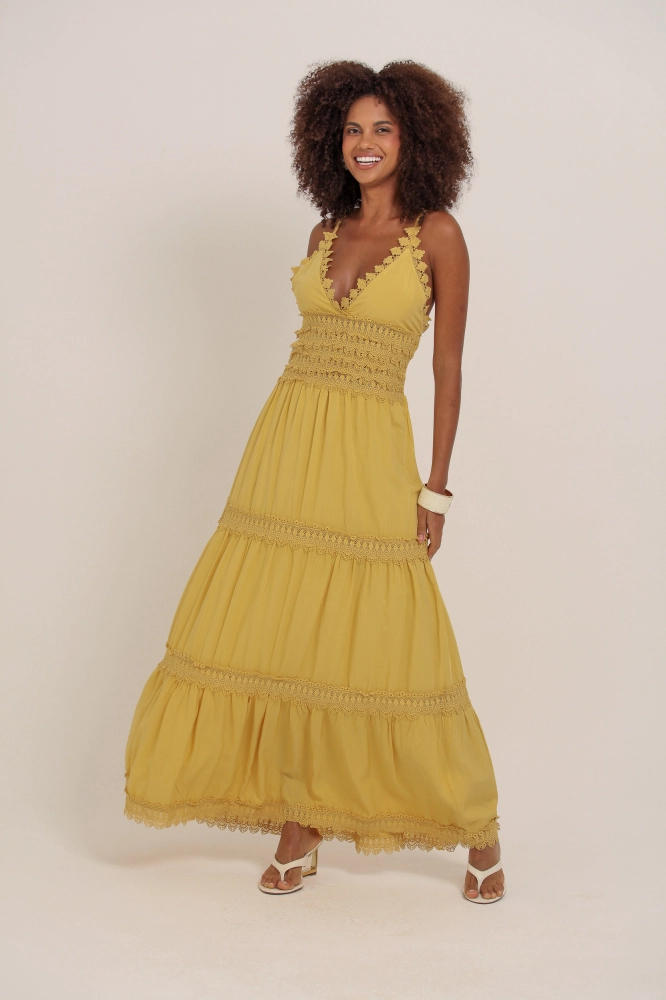 9036894 - Vestido Longo Com Detalhes Em Guipir AMARELO 9036894 - Vestido Longo Com Detalhes Em Guipir AMARELO