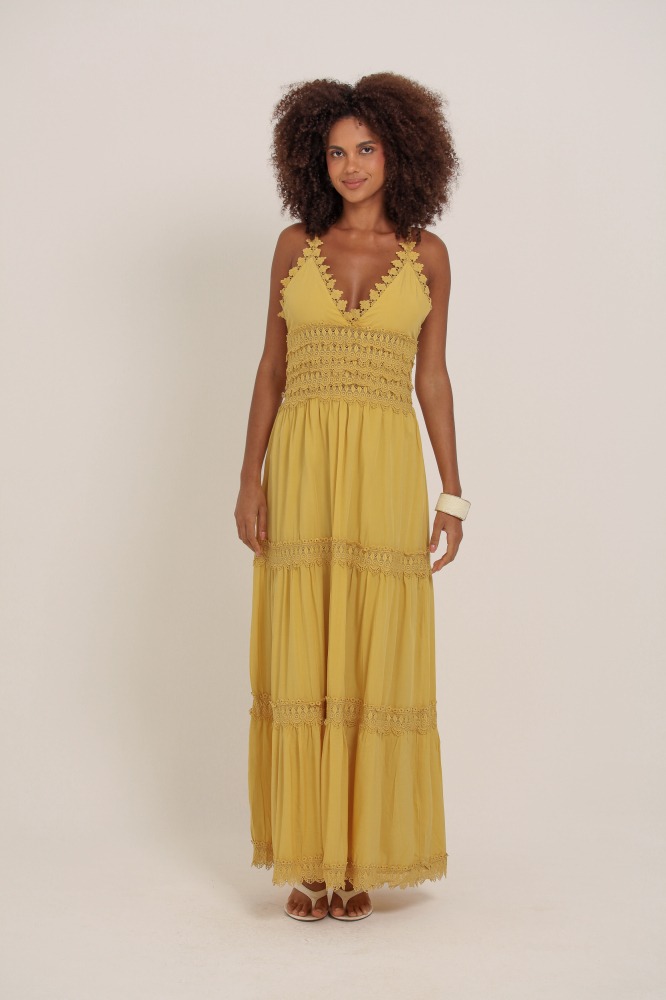 9036894 - Vestido Longo Com Detalhes Em Guipir  AMARELO