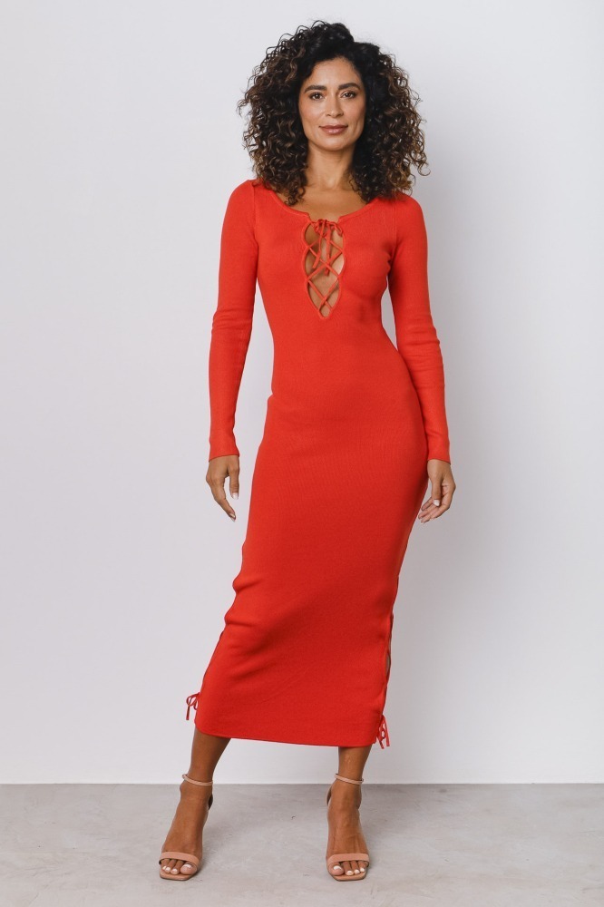 Vestido Longuete Tricot Amarrações LARANJA