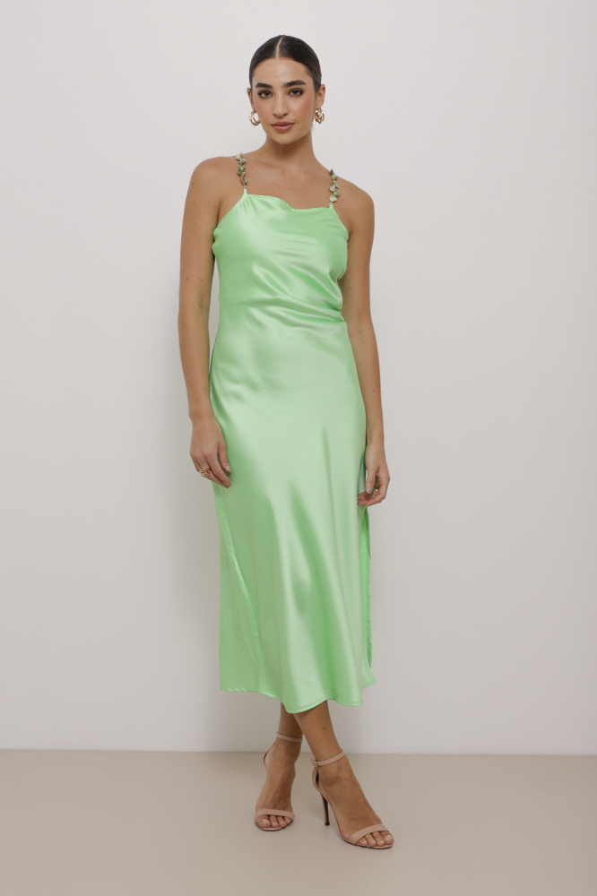 9033793 - Vestido Mídi Cetim Alças Pedrarias VERDE 