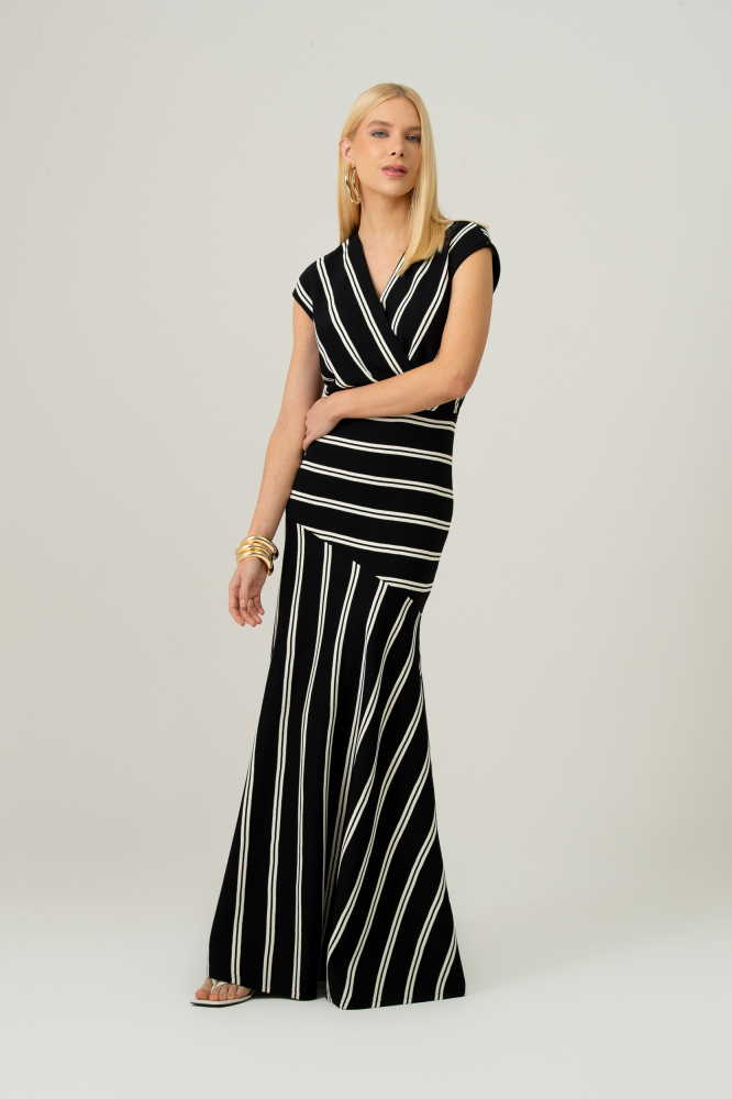 9038538 - Vestido Malha Listrado Decote Transpassado PRETO