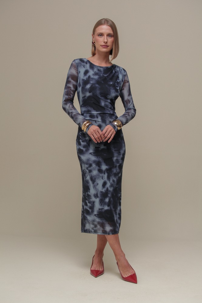 9036712 - Vestido Midi de Tule Estampado MARINHO 