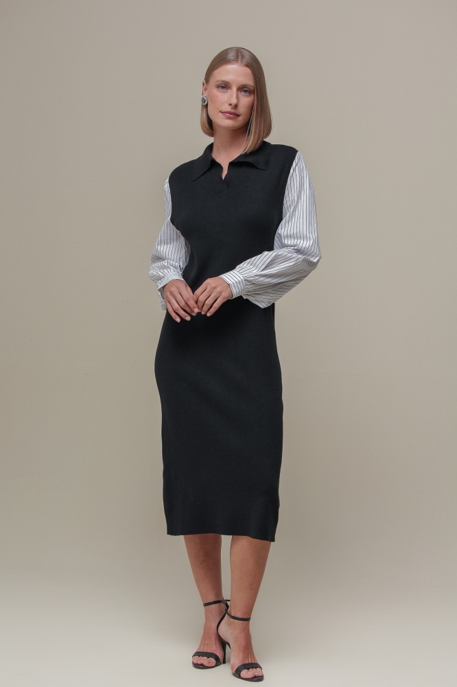 9036842 - Vestido Tricô com Manga Tricoline PRETO