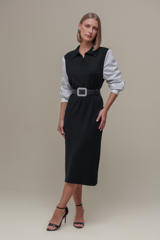 9036842 - Vestido Tricô com Manga Tricoline PRETO