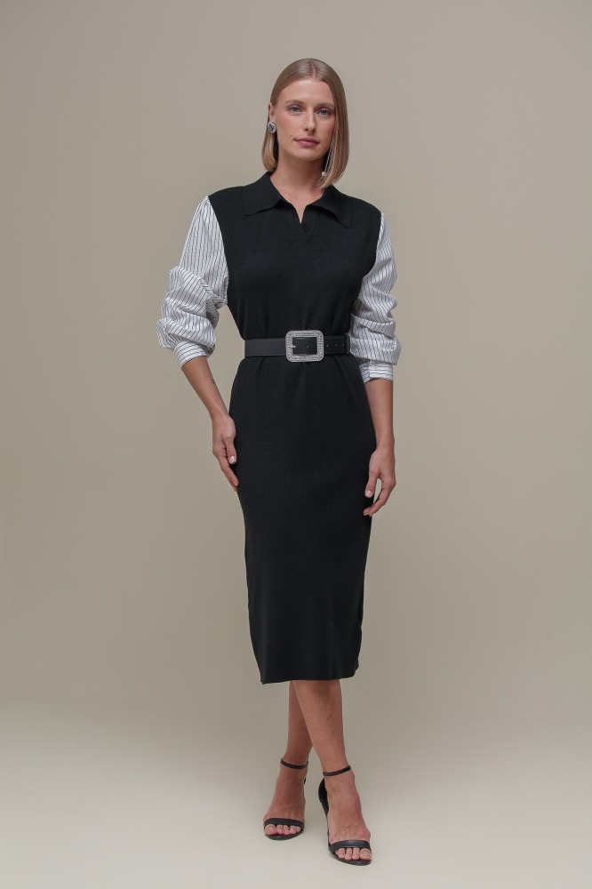 9036842 - Vestido Tricô com Manga Tricoline PRETO