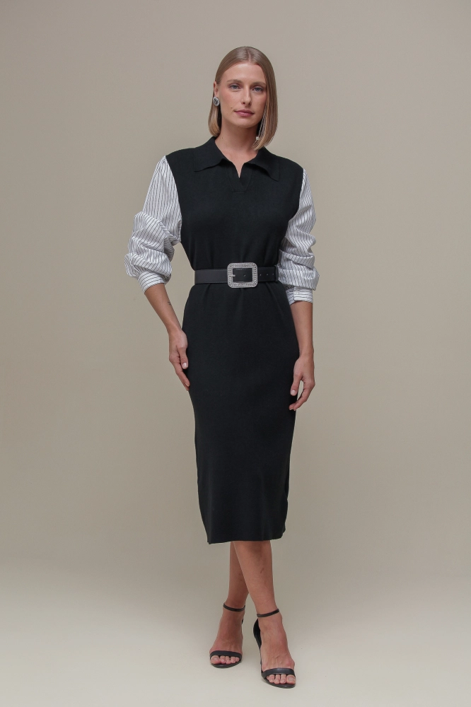 9036842 - Vestido Tricô com Manga Tricoline PRETO