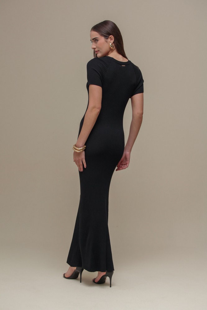 9036658 - Vestido Tricô Longo Fivela  PRETO