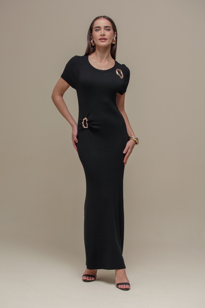 9036658 - Vestido Tricô Longo Fivela  PRETO