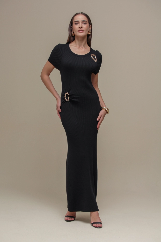 9036658 - Vestido Tricô Longo Fivela  PRETO