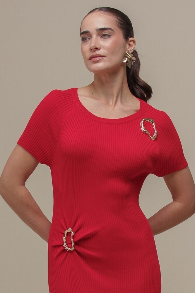 9036658 - Vestido Tricô Longo Fivela  VERMELHO