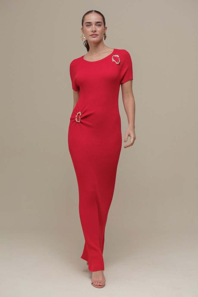 9036658 - Vestido Tricô Longo Fivela  VERMELHO